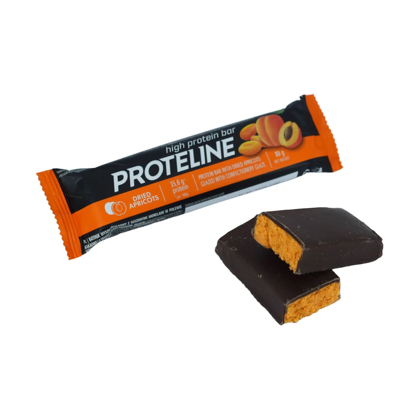 PROTELINE - Baton proteinowy z suszonymi morelami, oblany polewą cukierniczą (80g) PROTELINE