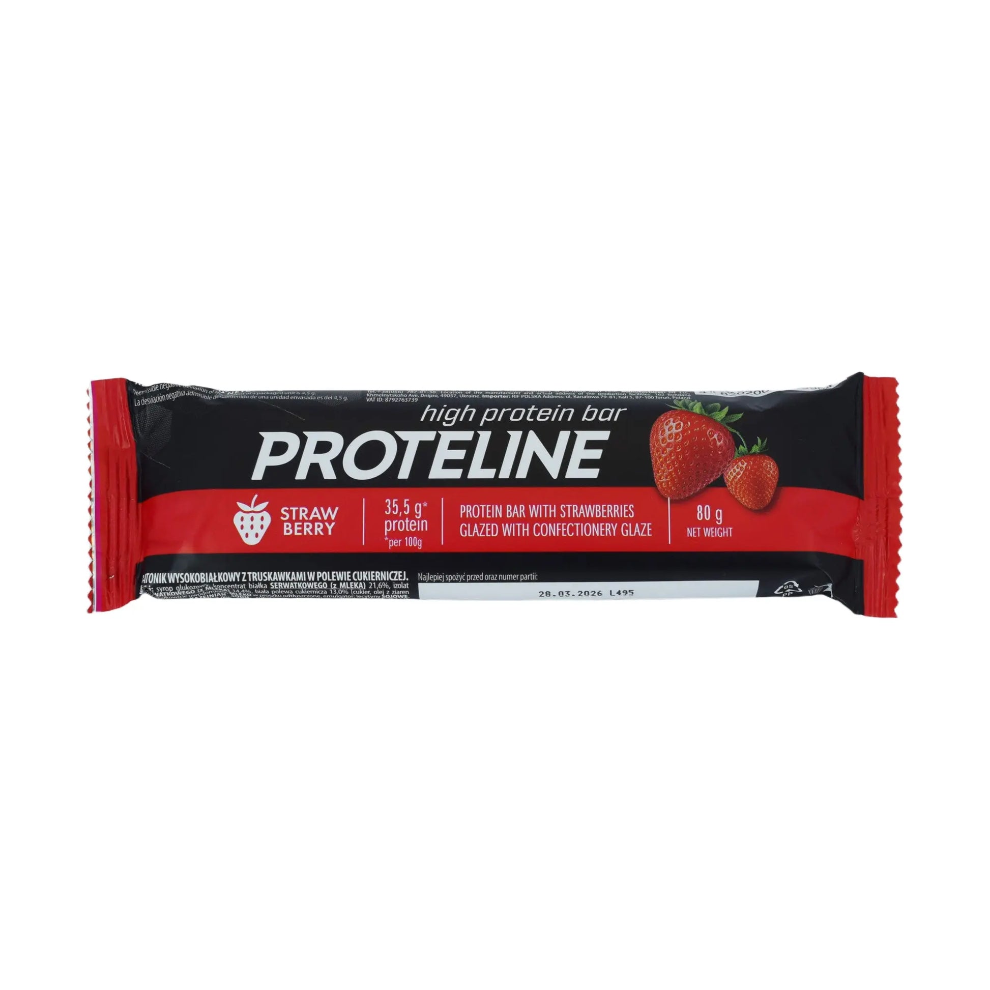 PROTELINE - Baton proteinowy z truskawkami w polewie cukierniczej (80g) PROTELINE