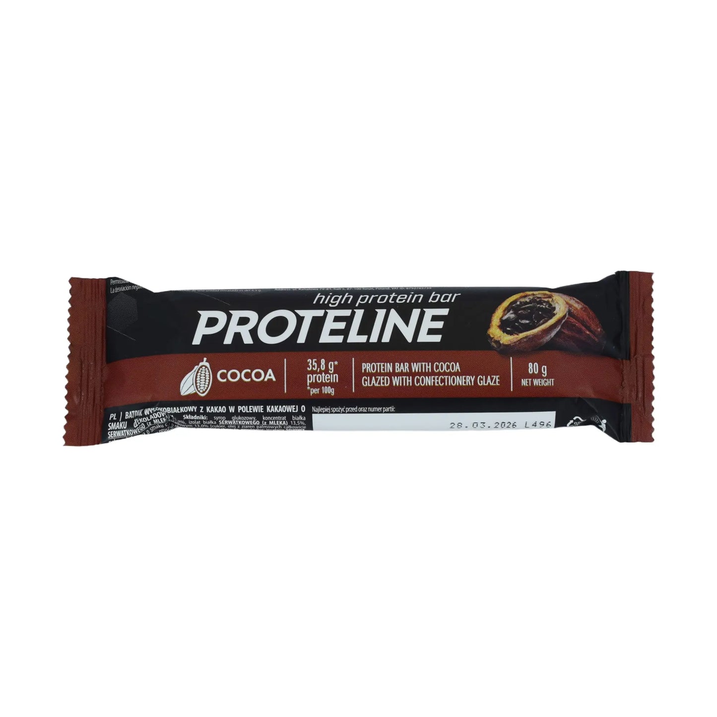 Baton proteinowy kakaowy w polewie cukierniczej (80g) Baton proteinowy